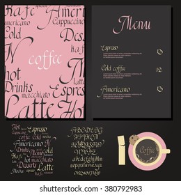 Coffee drink menu Set with cursive lettering and different coffee recipes