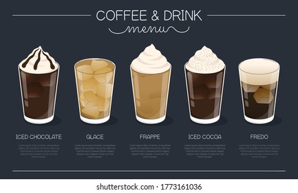 Coffee and drink menu vector illustration with different ice coffee and drink types on navy blue background