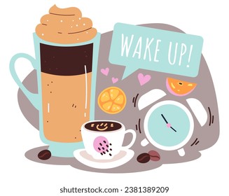 Coffee drink mug morning breakfast alarm concept. Vector flat graphic design illustration
