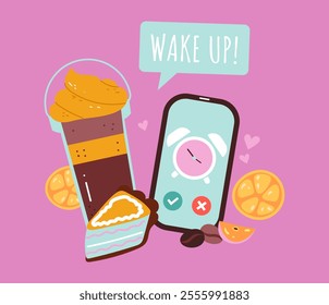 Coffee drink mug morning breakfast alarm concept. Vector flat graphic design illustration	