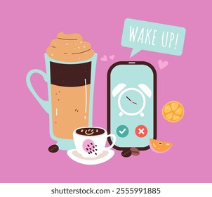 Coffee drink mug morning breakfast alarm concept. Vector flat graphic design illustration	