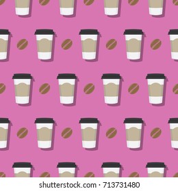 Coffee Drink Paper Cup With Beans Seamless Pattern
