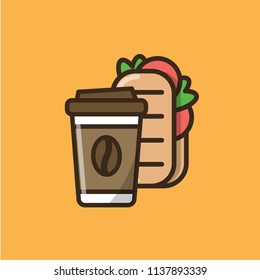Coffee drink in paper cup with cap and ciabatta sandwich. Colorful isolated vector icon in flat style with outline for your project