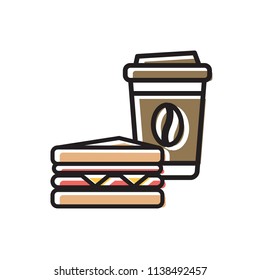 Coffee drink in paper cup with cap and classical sandwich. Colorful isolated vector icon in flat style with outline for your project