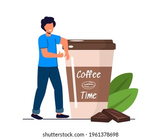 Coffee drink in a paper cup isolated and a piece of chocolate Tiny man Vector illustration concept