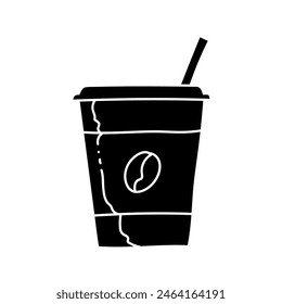 Coffee drink plastic cup with straw black hand drawn icon