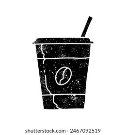 Coffee drink plastic cup with straw black hand drawn icon in grunge look