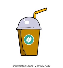 Taza plástica de la bebida del café con la Ilustración vectorial dibujada a mano del color de la paja