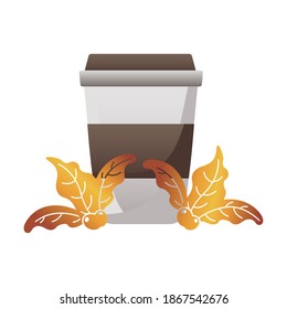 coffee drink in plastic pot with leafs plant vector illustration design