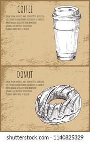 Coffee drink poured in plastic cup, beverage. Posters set with monochrome sketches outline. Donut dessert chocolate sweet icons vector illustration