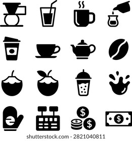 coffee and drink preparation methods with financial and service elements vector icons set