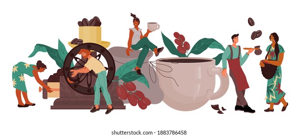 Plantilla de banner de producción y procesamiento de bebidas de café con personas dedicadas a procesos de molturación y elaboración de granos de café, ilustración vectorial plana aislada en fondo blanco. Cartel de la cafetería.