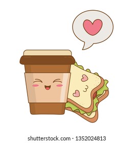 coffee drink with sandwich kawaii characters