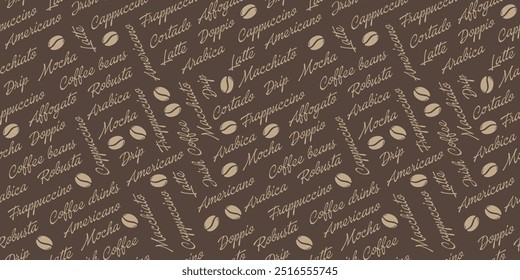 Bebida de café de Vector sin costura, diseño para la decoración de cafetería, impresión textil, Fondo de pantalla, embalaje. Granos de café	