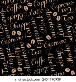 Coffee drink seamless vector pattern, design for coffee shop decoration, textile print, wallpaper, packaging. Coffee beans