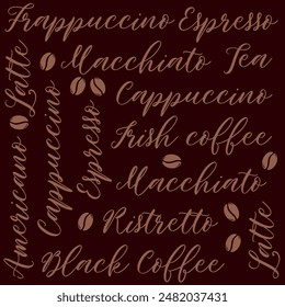 Coffee drink seamless vector pattern, design for coffee shop decoration, textile print, wallpaper, packaging. Coffee beans