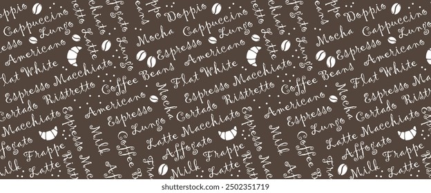 Coffee drink seamless vector pattern, design for coffee shop decoration, textile print, wallpaper, packaging. Coffee beans