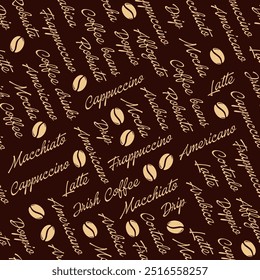 Coffee drink seamless vector pattern, design for coffee shop decoration, textile print, wallpaper, packaging.