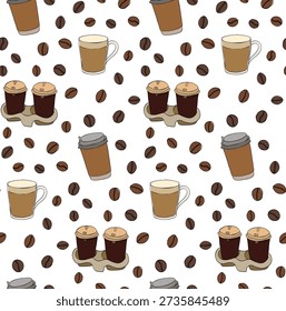 Coffee drink seamless vector pattern,Cafe seamless pattern. hand drawn illustration. Vector graphic line ink colored art. , design for coffee shop decoration, textile print, wallpaper, packaging.
