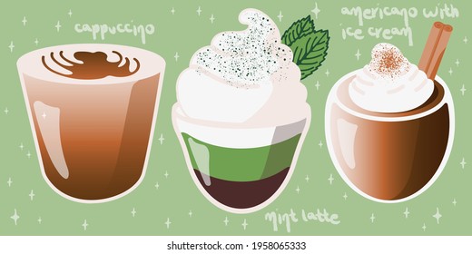 Coffee drink set: cappuccino, latte, americano in cute cartoon style. Kawaii vector illustration. Suitable for menu, flyer, ads, sticker and design products. 