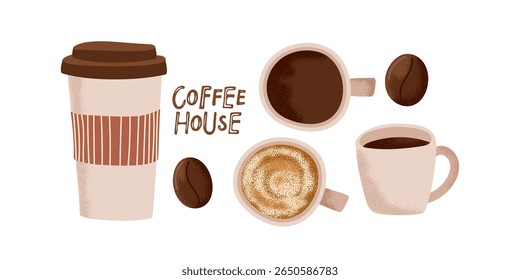 Coffee drink set. Coffee House lettering, coffee mug, cups, beans. Cartoon Vector set for coffee company, shop, restaurant, cafe. Illustration  for logo, add, promotion, marketing, banner