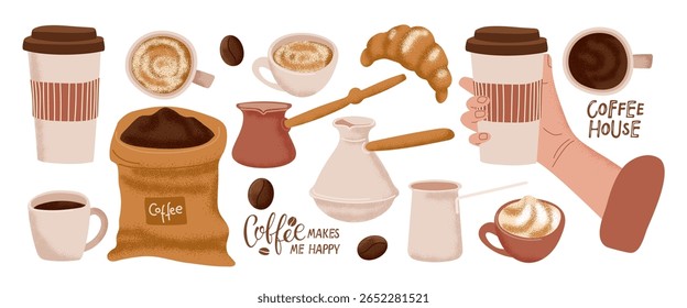 Coffee drink set. Coffee House lettering, coffee mug, cups, beans. Cartoon Vector set for coffee company, shop, restaurant, cafe. Illustration or logo, add, promotion, marketing, banner