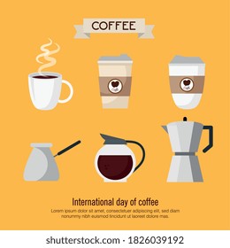 coffee drink with set icons on yellow background vector illustration design