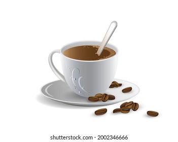 Coffee drink in a small white cup on a saucer and coffee beans near isolated on a white background. Vector illustration. 