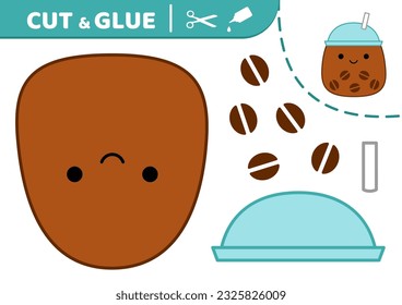 Coffee drink. Squishmallow. Cut and glue. Applique. Paper game. Coffee. Kawaii, cartoon. Isolated vector illustration eps 10