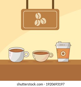 Kaffeegetränk in Einwegkanne und Becher mit Körnern in Vektorgrafik-Design