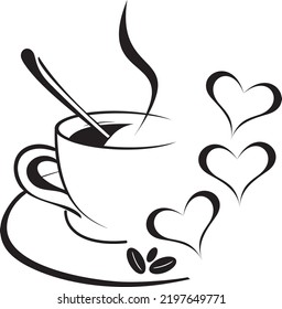 Coffee Drink tea Cup Heart Black and hite Background Vector