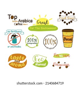 Kaffeekoteletts-Template-Insignien für Etikettendesign. Einzeln auf weißem, handgezeichnet verpacktem Element mit feinsten Bohnen, Öko-Erntezeichen. Decaf-, Geschmack- und Aromatext bei der Sammlung von Getränkedosenaufklebern