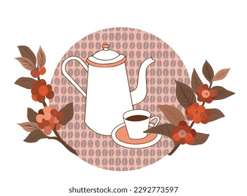 Coffee drink theme. Vector illustration with pot , cup, branches with fruits in a circle with coffee beans. White background.