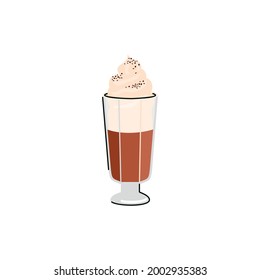 Coffee drink with top of whipped cream in tall glass, flat vector illustration isolated on white background. Creamy coffee based beverage icon or symbol.