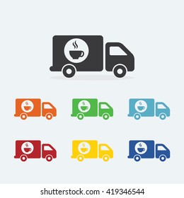 Coffee drink van deliver truck. Cafe and Restaurant Icon. Coffee shop flat design vector illustration.  