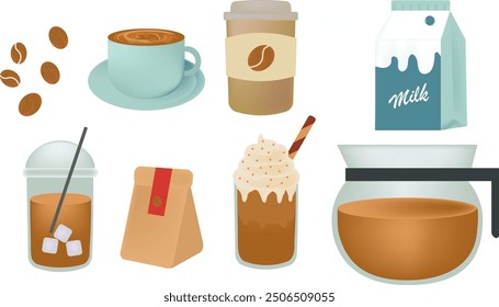 Coffee Drink Vector Illustration Element. Beans, latte, espresso, in the cup, with ice, with cream topping, milk, a bag of ground coffee.
