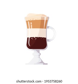 Bebida de café con crema batida, espuma esponjosa en vidrio aislada sobre fondo blanco. Irlandés, Mocha, Latte. Ilustración vectorial para afiche, pancarta, portada, anuncio, menú