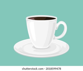 Coffee drink, white cup and saucer isolated. Vector illustration of espresso or americano in cartoon flat style.