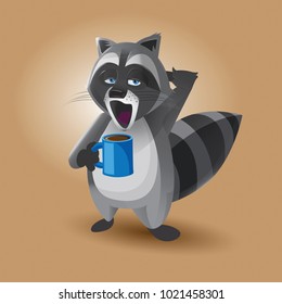 A coffee drinking raccoon after a long night. Plenty of humor and fun.