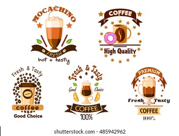 Coffee drinks badges with mug of americano, espresso takeaway cup and glasses of cappuccino, latte and mocha with whipped cream, croissant, donut, coffee beans, ribbon banners and stars