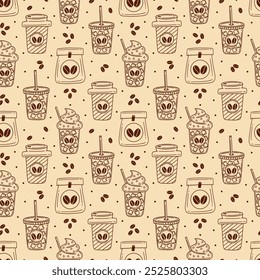 Coffee drinks and coffee beans line art illustration on yellow vector seamless pattern design.