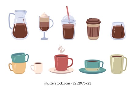 Coffee drinks and beverages served in mugs and plastic cups for take away. Cafe or shop drinks to go, tasty isolated coffee in mugs. Vector in flat style