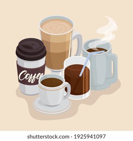coffee drinks beverages in set containers icons vector illustration design