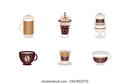 Coffee Drinks Collection, Disposable Plastic, Paper, Ceramic and Glass Tableware, Cafe, Restaurant Menu Design Cartoon Vector Illustration