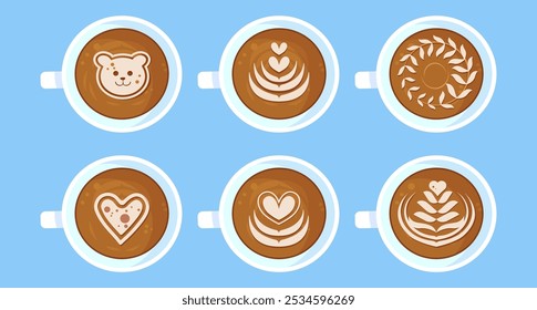 Coffee drinks. Collection of coffee drink with variety latte art heart, rosetta, leaf, bear. Cappuccino, flat white, espresso, americano vector illustrations set. Latte Art with Coffee Cup