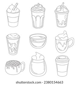 Colección de bebidas en línea estilo arte. Conjunto minimalista de tazas dibujadas a mano. Ilustración vectorial aislada.