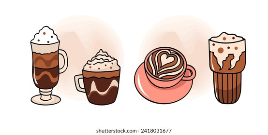 Coffee drinks. Colored cartoon illustrations in doodle style. Cappuccino, mocha, ice cream.