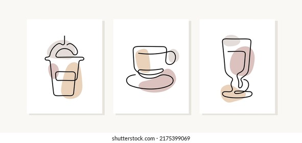 Coffee drinks continuous line posters.