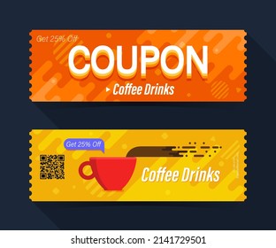 Coffee Drinks Coupon Get 25% Off. Ticket card element template for graphics design. Vector illustration