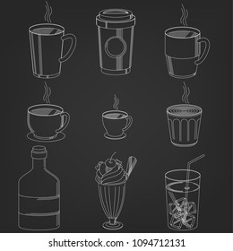 Coffee Drinks cup in hand drawing Style white stripe line on black background. vector illustration style.